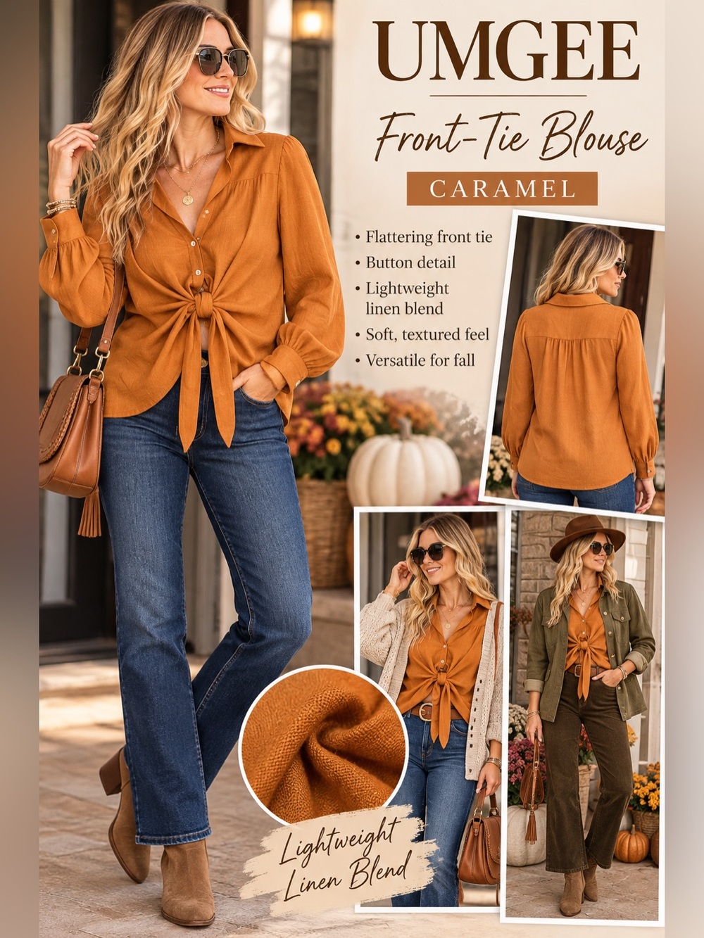 UMGEE Caramel Front-Tie Blouse in Warm Caramel